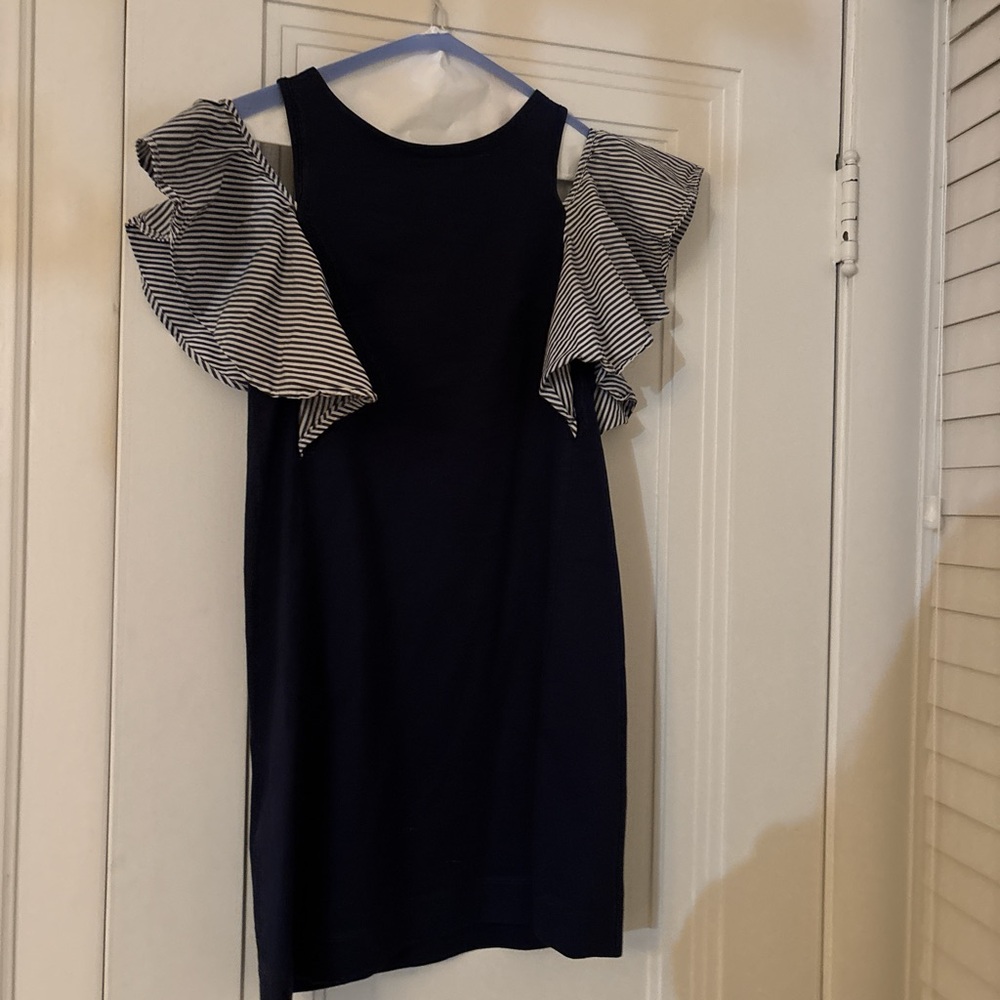 Navy Dress with Striped Ruffle Sleeves